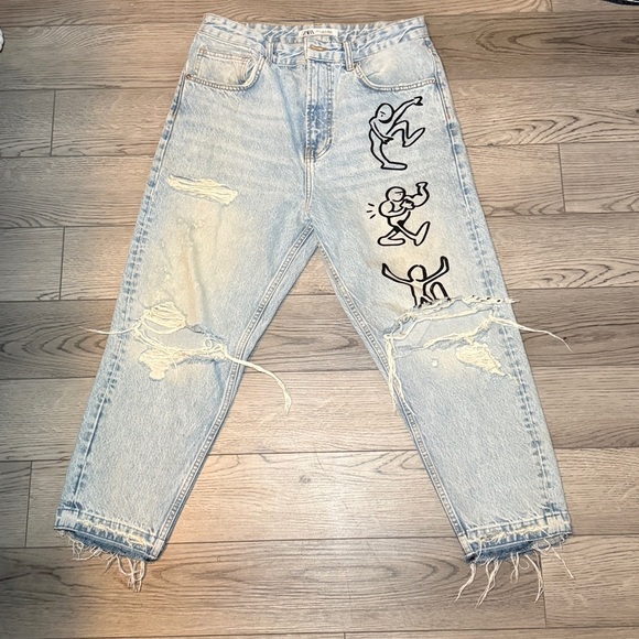 Zara Unisex Destroyed Graffitti Jeans Loose Fit Distressed Size 32 - Picture 2 of 6